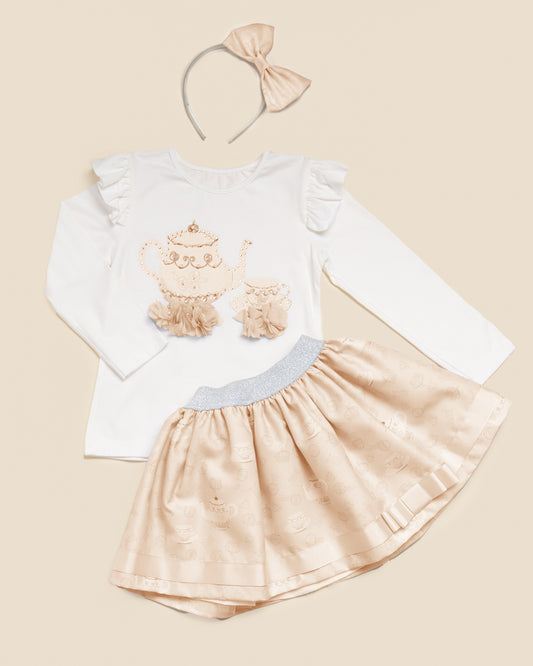 Caramelo Kids Girls Mink Diamonte Teapot Skirt Set