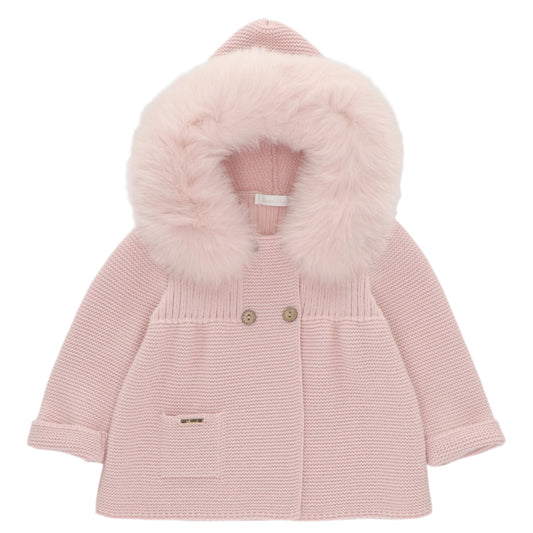 Martin Aranda Girls Knitted Blush Pink Real Fur Hooded Coat