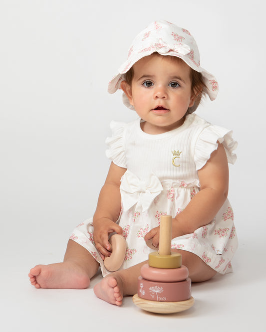 Caramelo Kids Girls Ivory Ribbed Summer Garden Baby Dress with Hat