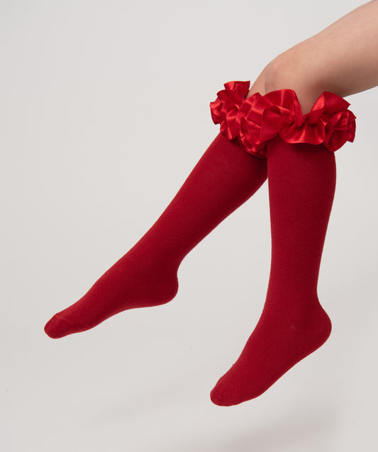 Caramelo Kids Red Ruffle Ribbon Knee High Socks