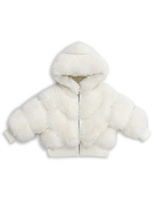 Ivory faux fur hooded bomber jacket with front zipper and short sleeves