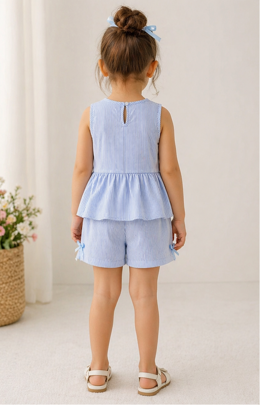 Girls blue striped peplum top with back keyhole and bow, matching shorts set