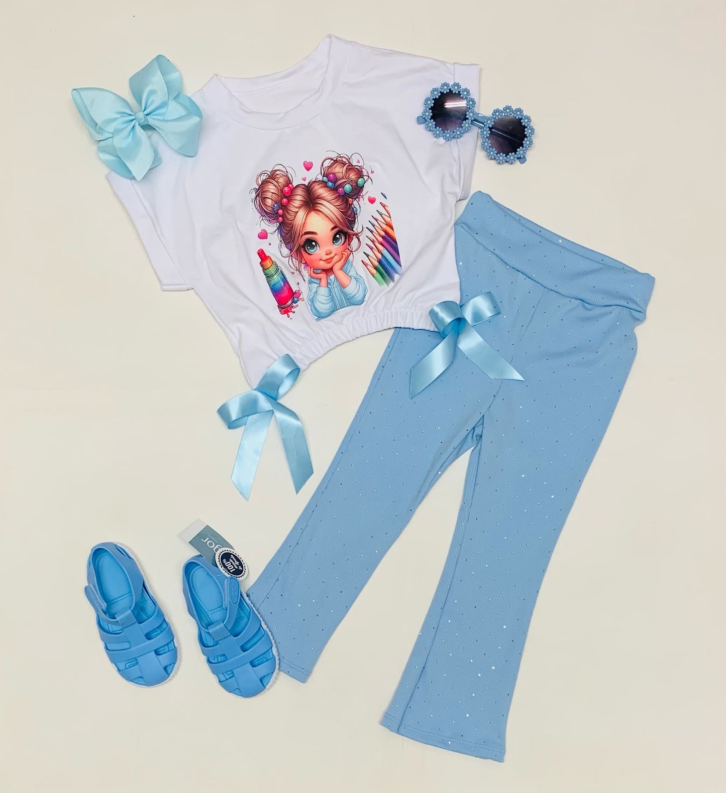 Girls Sky Blue Angel Print Flare Set