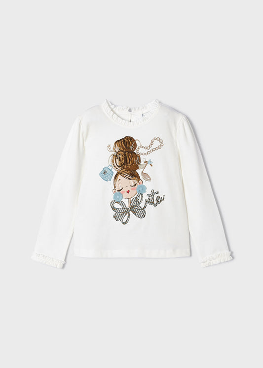 Mayoral Girls Ivory Cotton Top with Blue Doll Motif