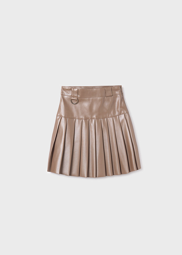 Mayoral Girls Mocha Pleated Faux Leather Skirt