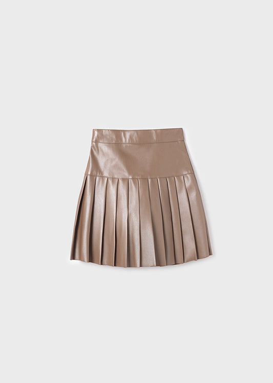 Mayoral Girls Mocha Pleated Faux Leather Skirt