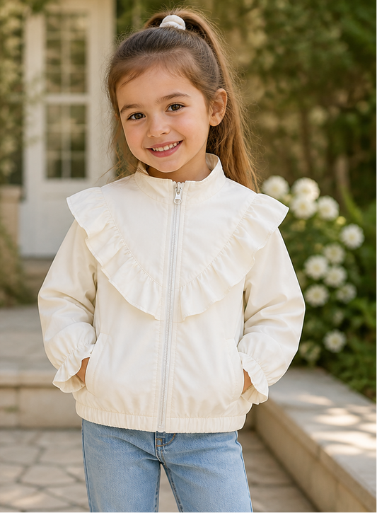 Girls Frill Collar Zip Jacket – Cream (Ages 2–10) *Online Product