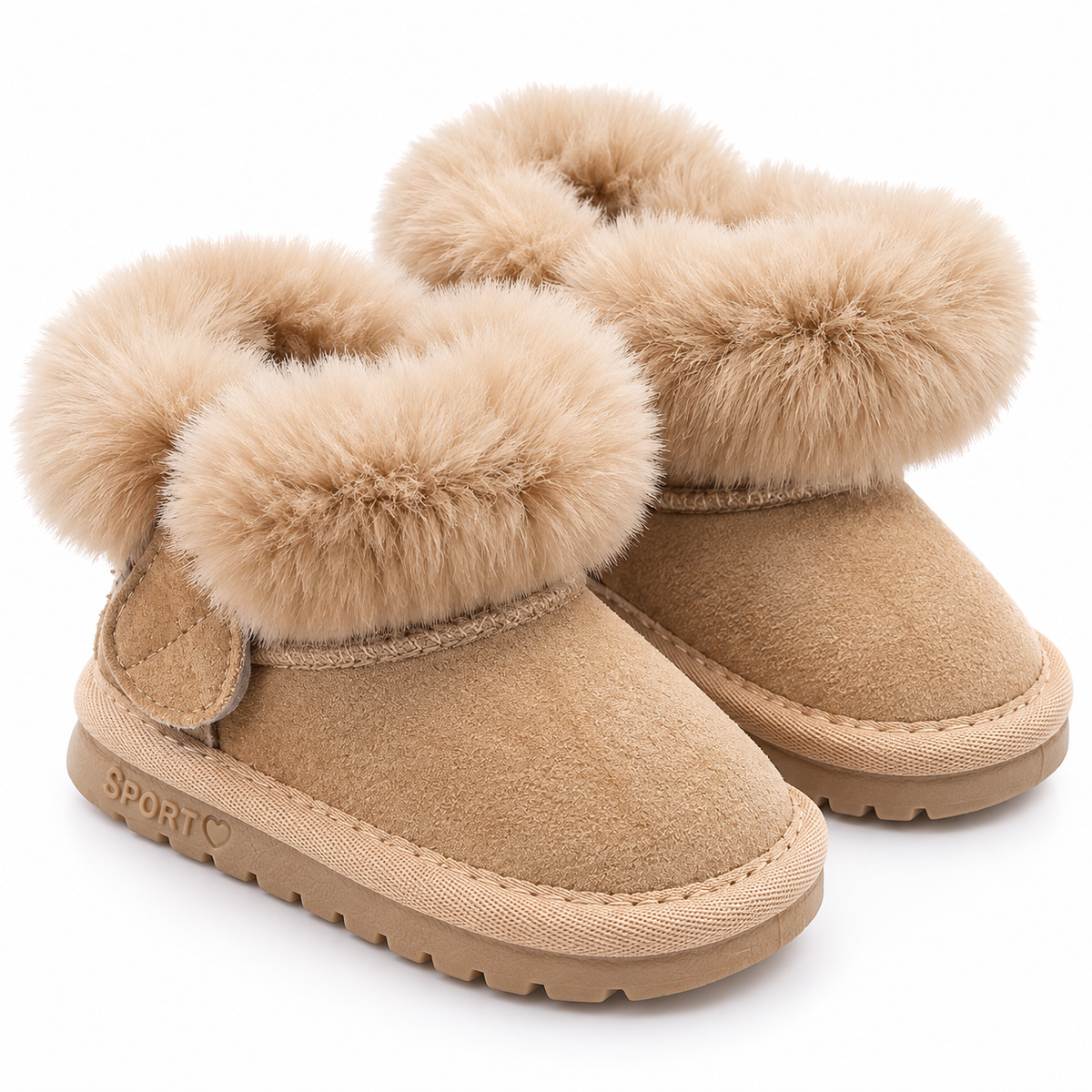 Kids tan faux-fur lined winter boots with ankle fur trim