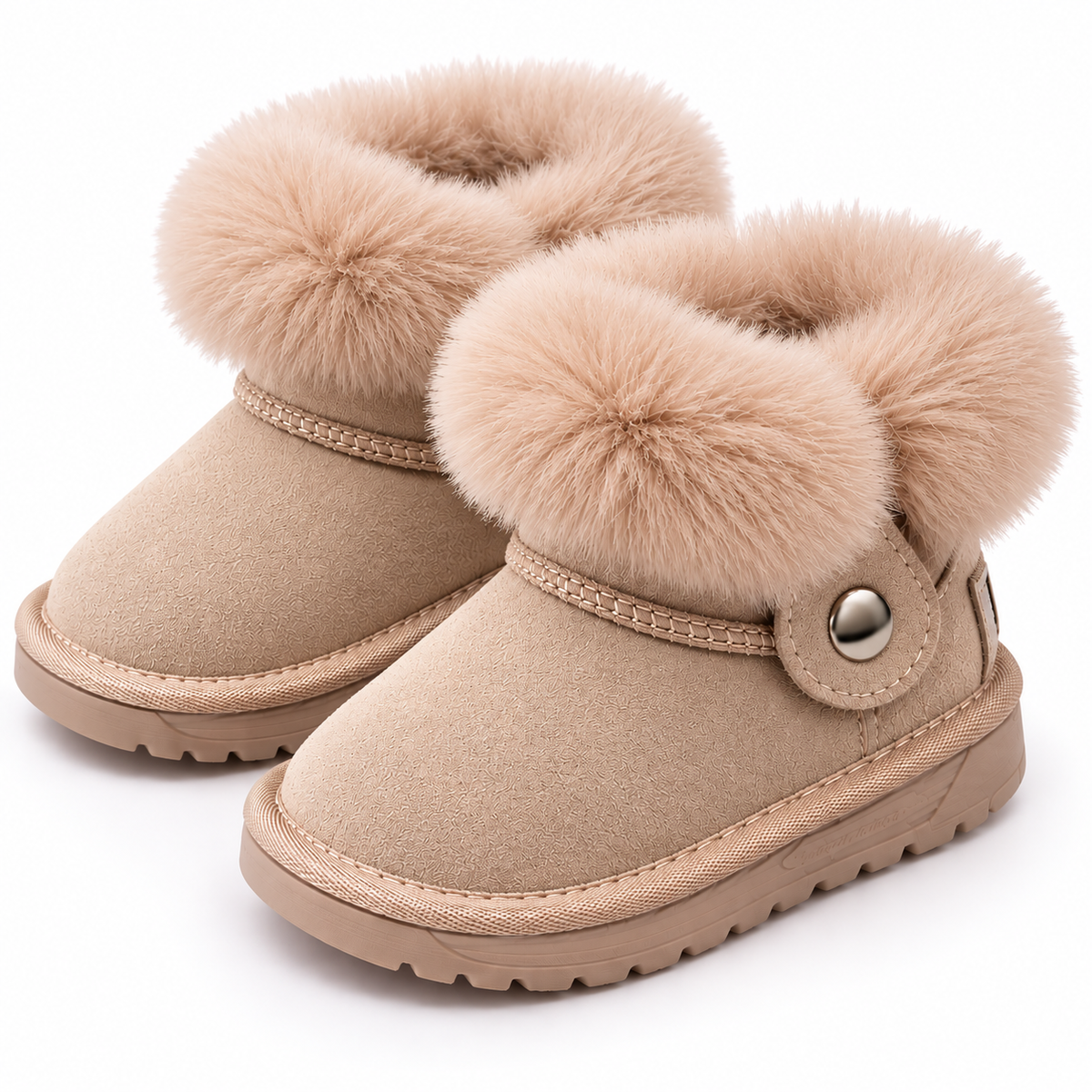 Girls tan faux-fur ankle boots with bow-style cuffs and snap button strap
