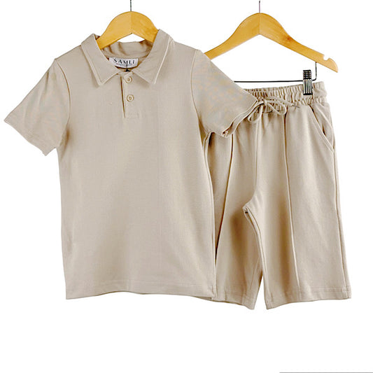 Boys Beige Polo T shirt & Shorts Set