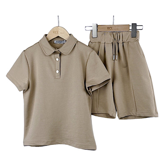 Boys Beige Button Polo Shirt and Shorts