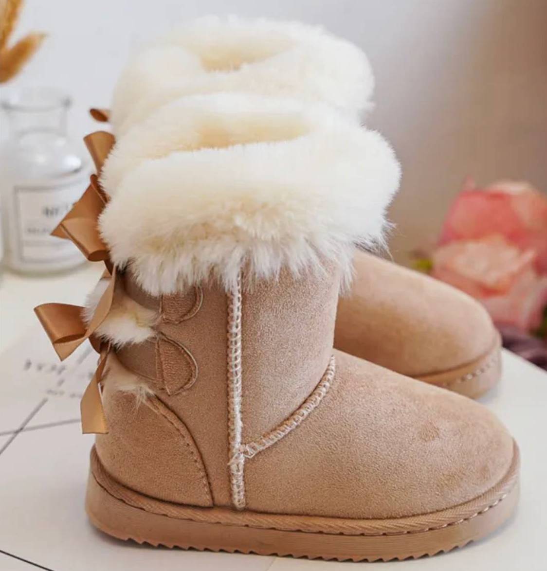 Beige Bow Sheepskin Suede Boots