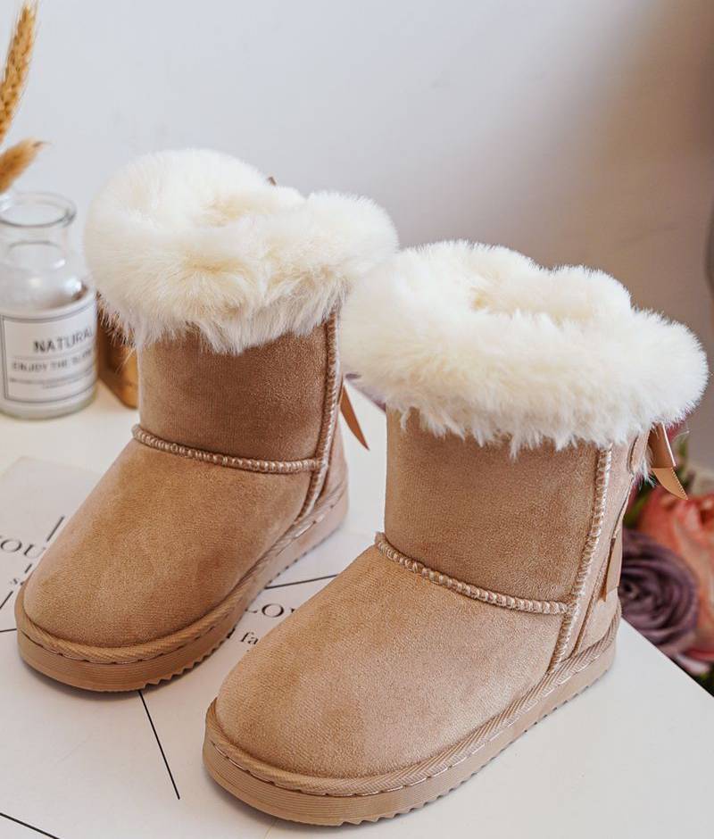 Beige Bow Sheepskin Suede Boots