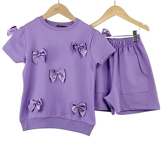 Girls Purple Bow Shorts Set