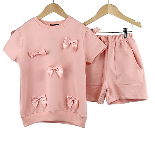 Girls Peach Bow Shorts Set