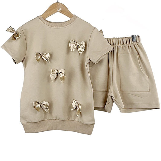 Girls Beige Bow Shorts Set