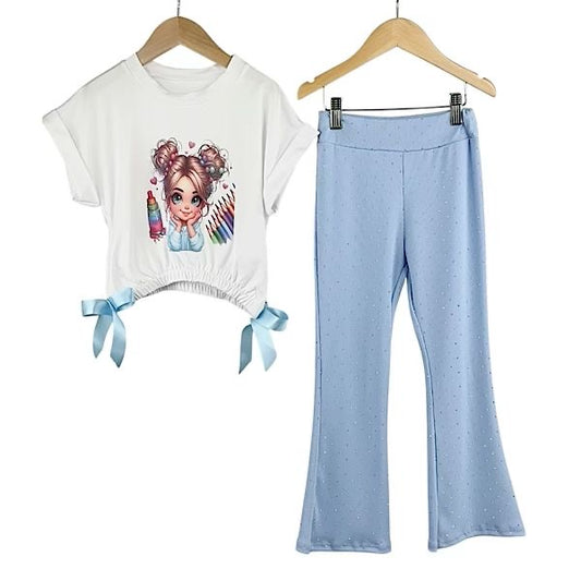 Girls Sky Blue Angel Print Flare Set