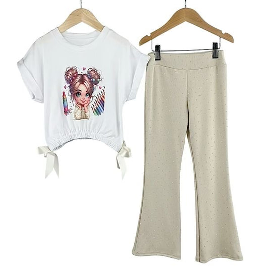 Girls Beige Angel Print Flare Set