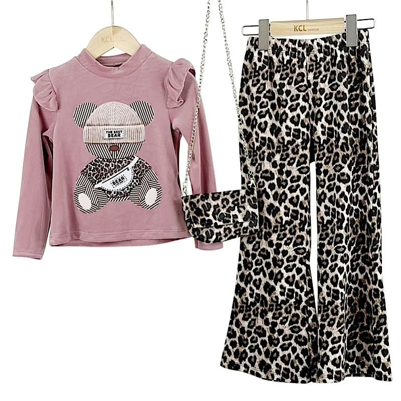 Girls Pink Leopard Print Bear Motif