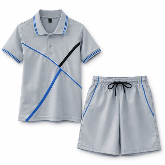 Grey-blue polo shirt and drawstring shorts, blue collar trim and diagonal accent