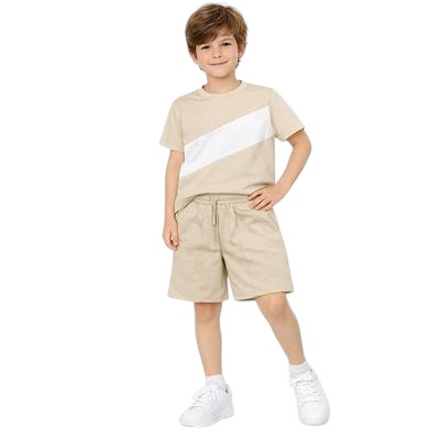 Beige T-shirt with white diagonal panel and matching drawstring shorts, boys