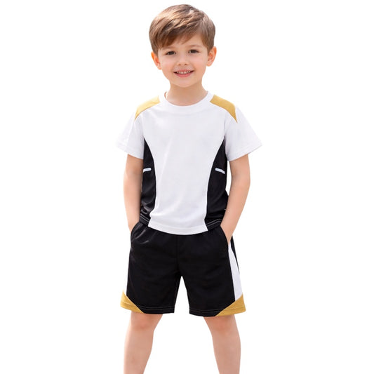 Boys set on model: white T-shirt with black side panels, black shorts with gold trim