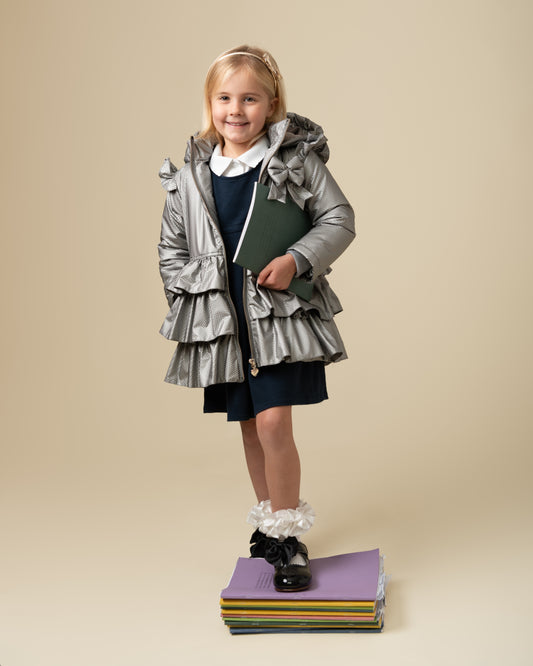 Caramelo Kids Girls Grey Bow Ruffle Pleated Coat