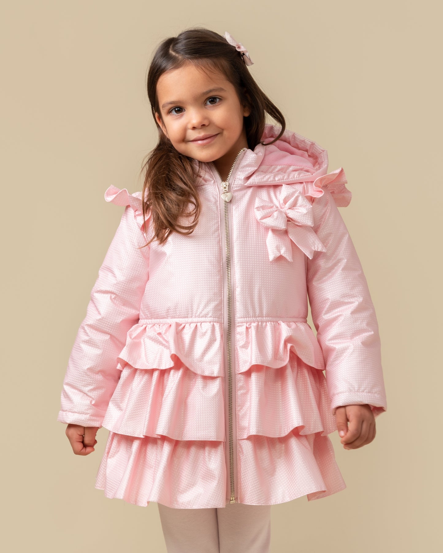 Caramelo Kids Girls Pink Bow Ruffle Pleated Coat