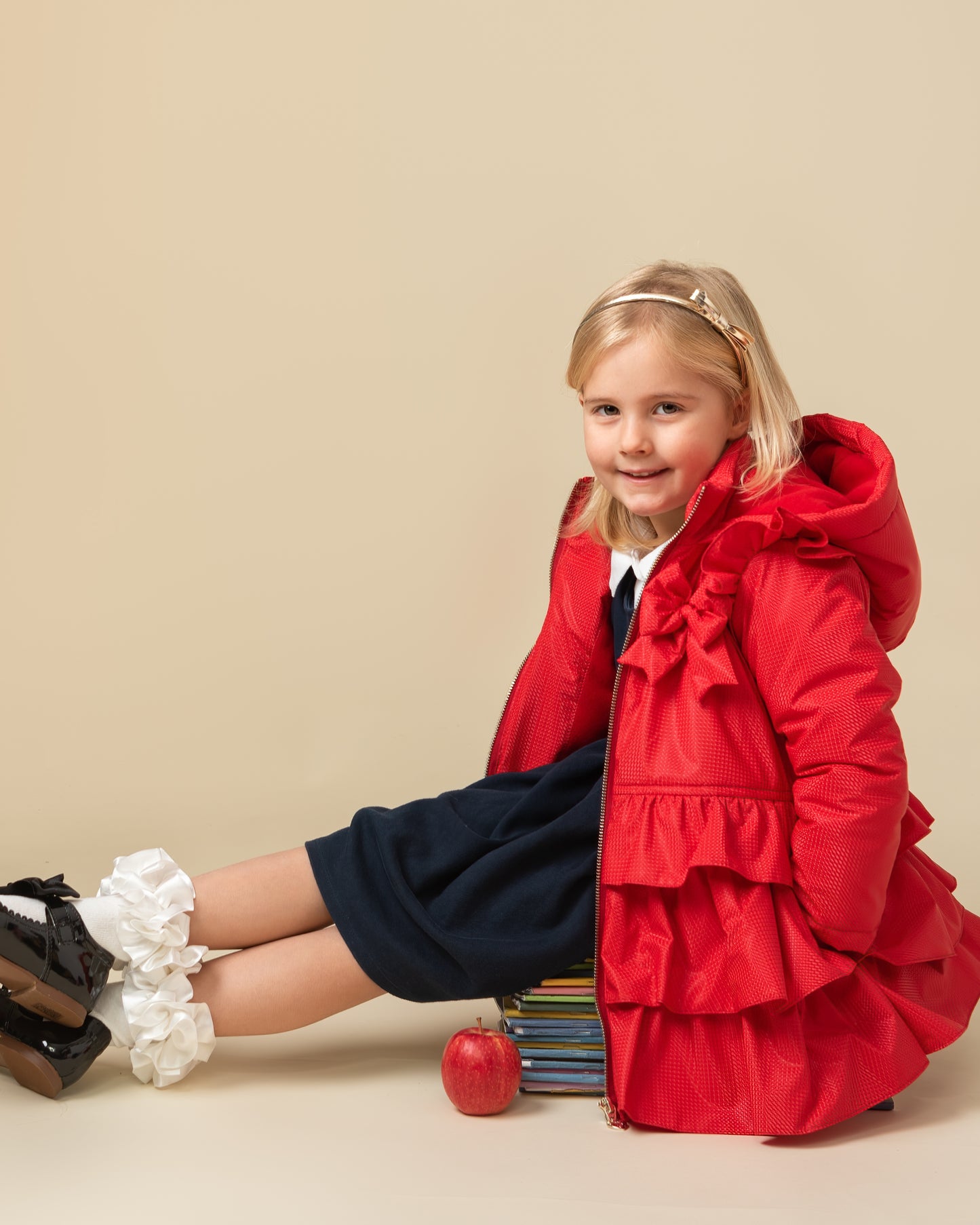 Caramelo Kids Girls Red Bow Ruffle Pleated Coat