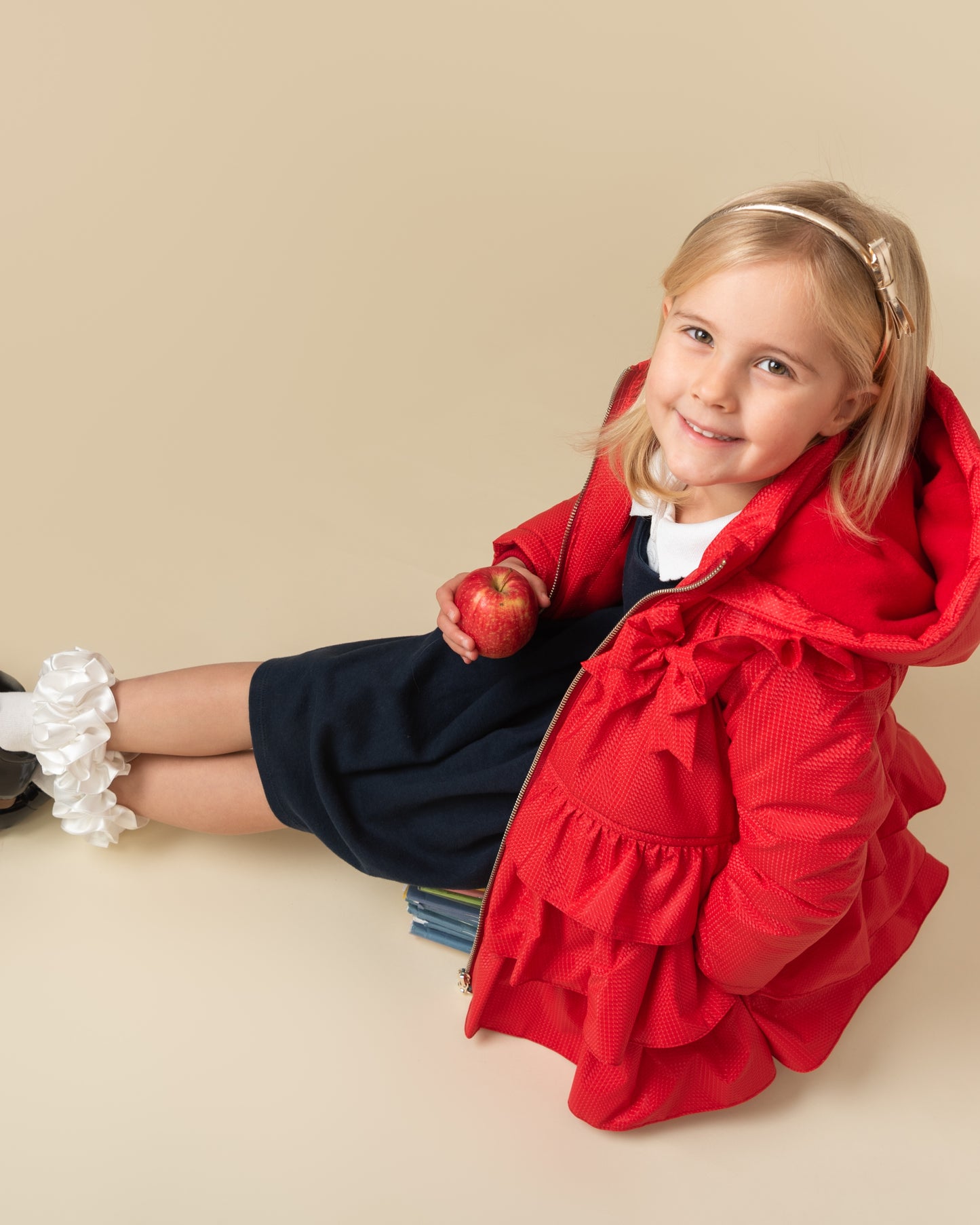 Caramelo Kids Girls Red Bow Ruffle Pleated Coat