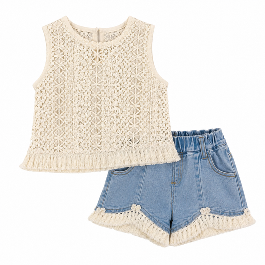 Boho Crochet Top & Denim Shorts Set – Cream Blue *Online Product