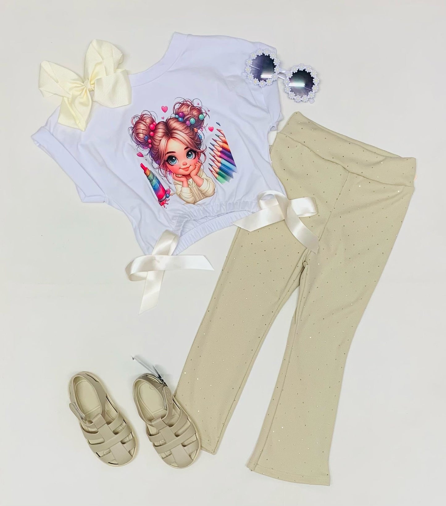 Girls Beige Angel Print Flare Set