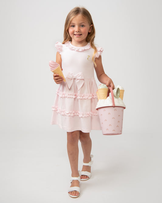 Caramelo Kids Girls Pink Tiered Frill Dress with Bow