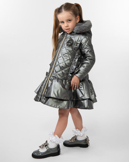 Caramelo Kids Girls Grey Quilted Coat with Bow *Preorder