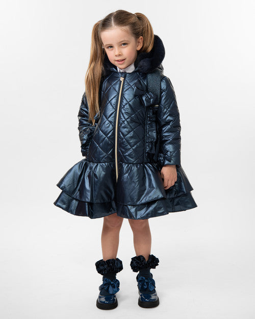 Caramelo Kids Girls Navy Quilted Coat with Bow