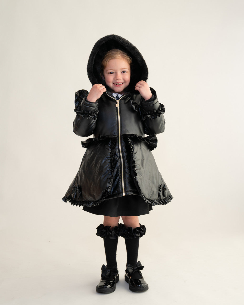 Caramelo Kids Black Fur Trim Hood Peplum Coat