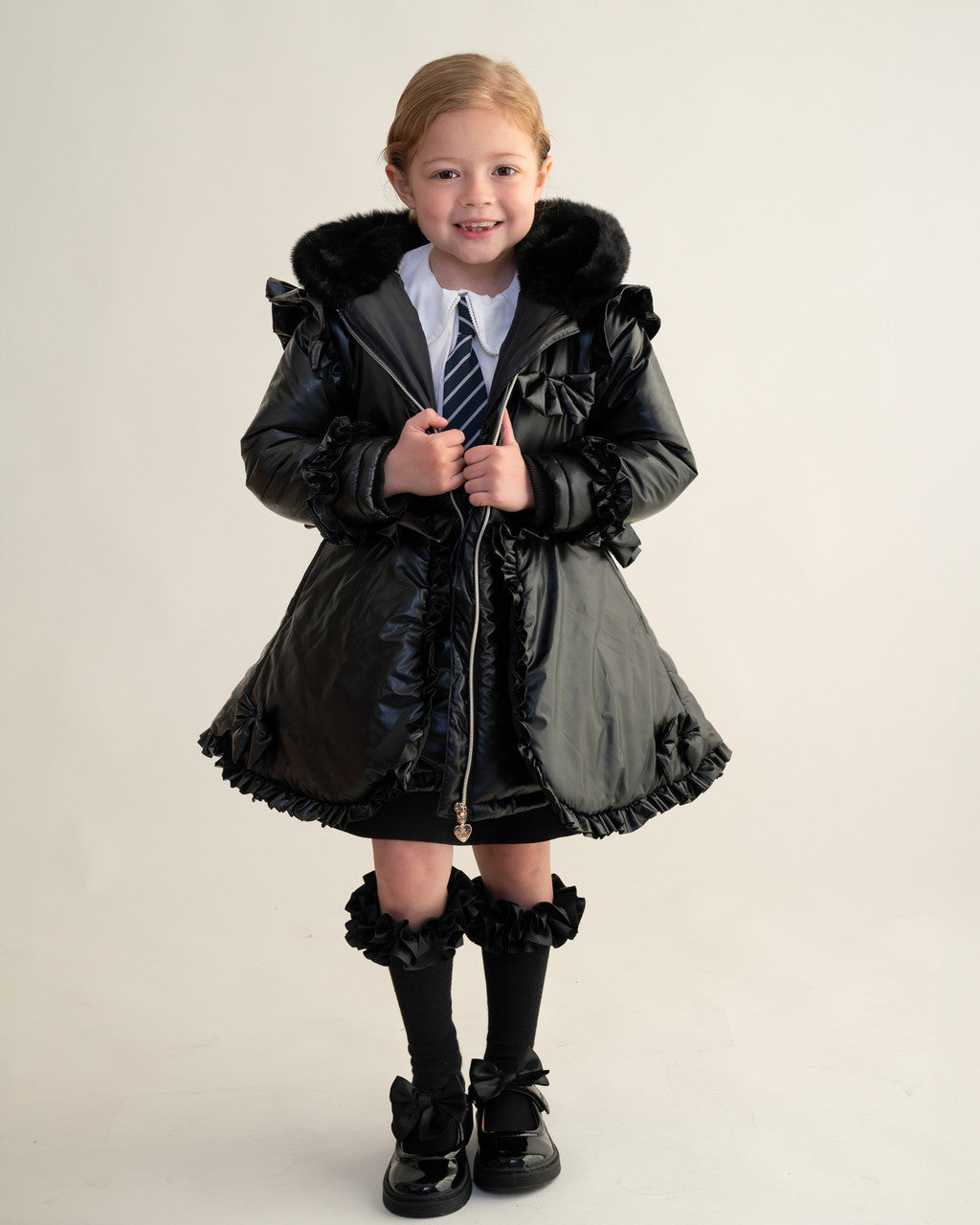 Caramelo Kids Black Fur Trim Hood Peplum Coat