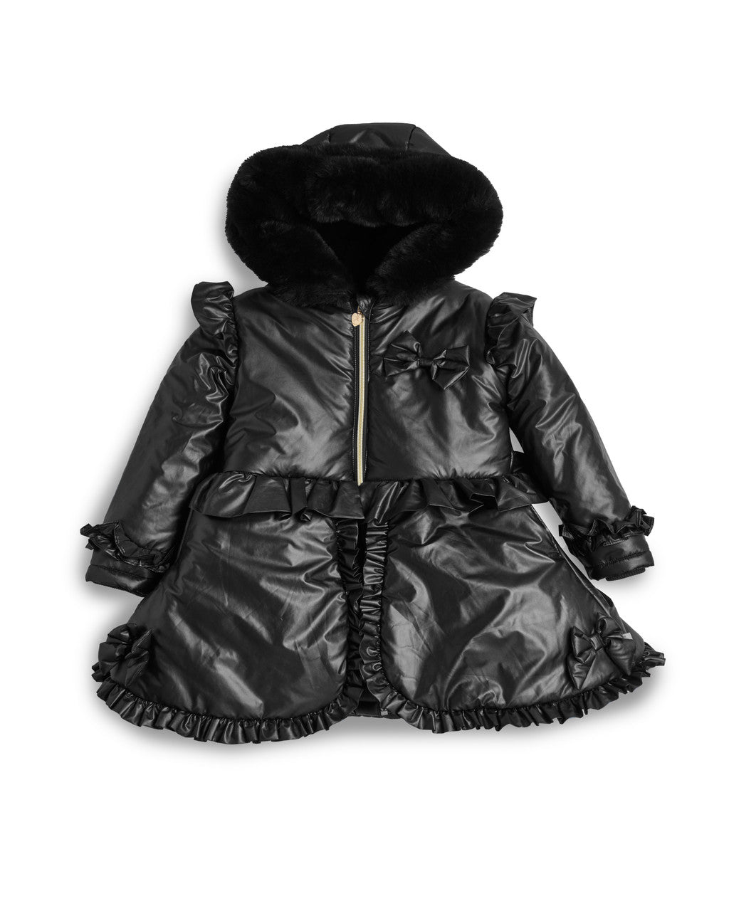 Caramelo Kids Black Fur Trim Hood Peplum Coat