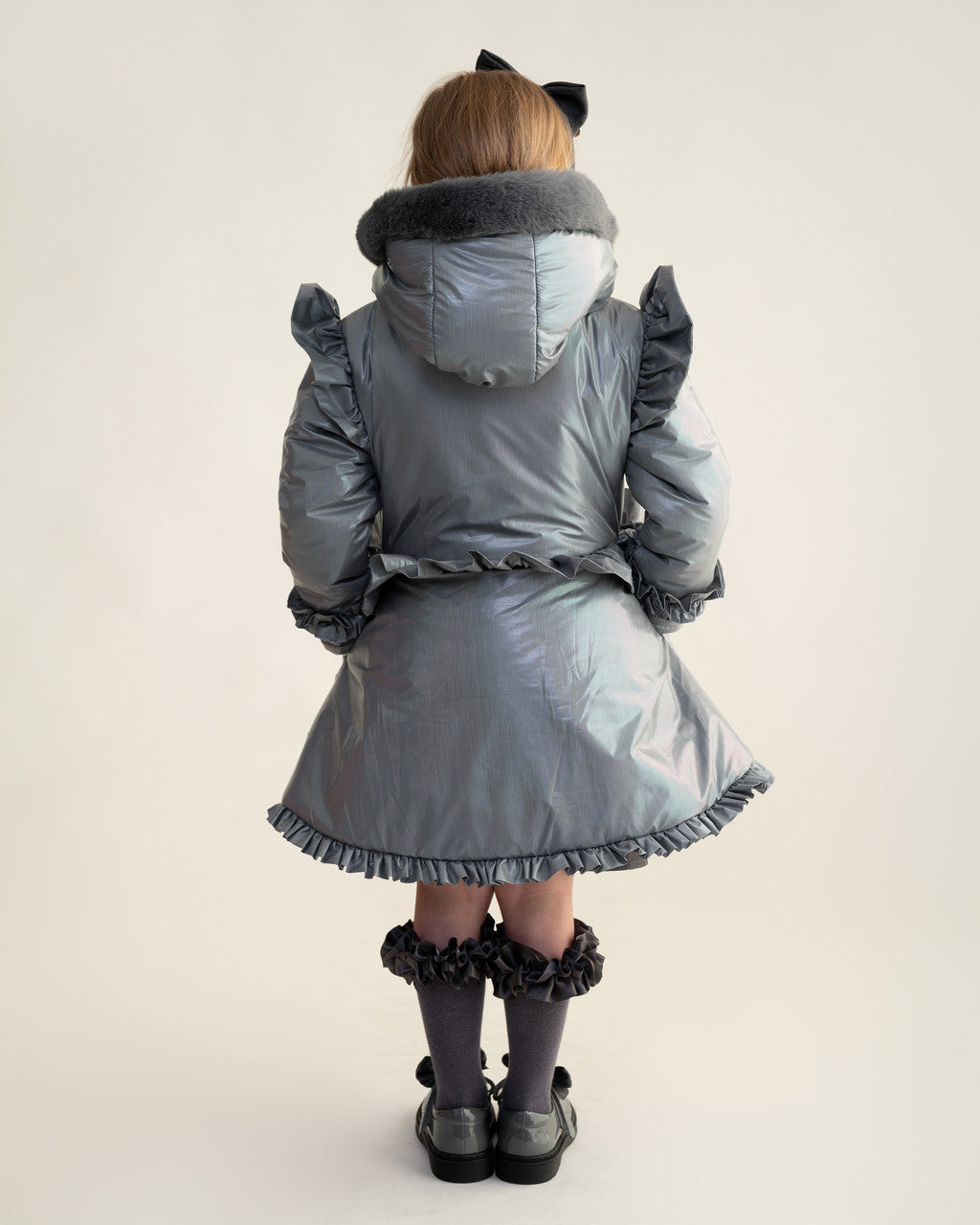 Caramelo Kids Grey Fur Trim Hood Peplum Coat *Preorder