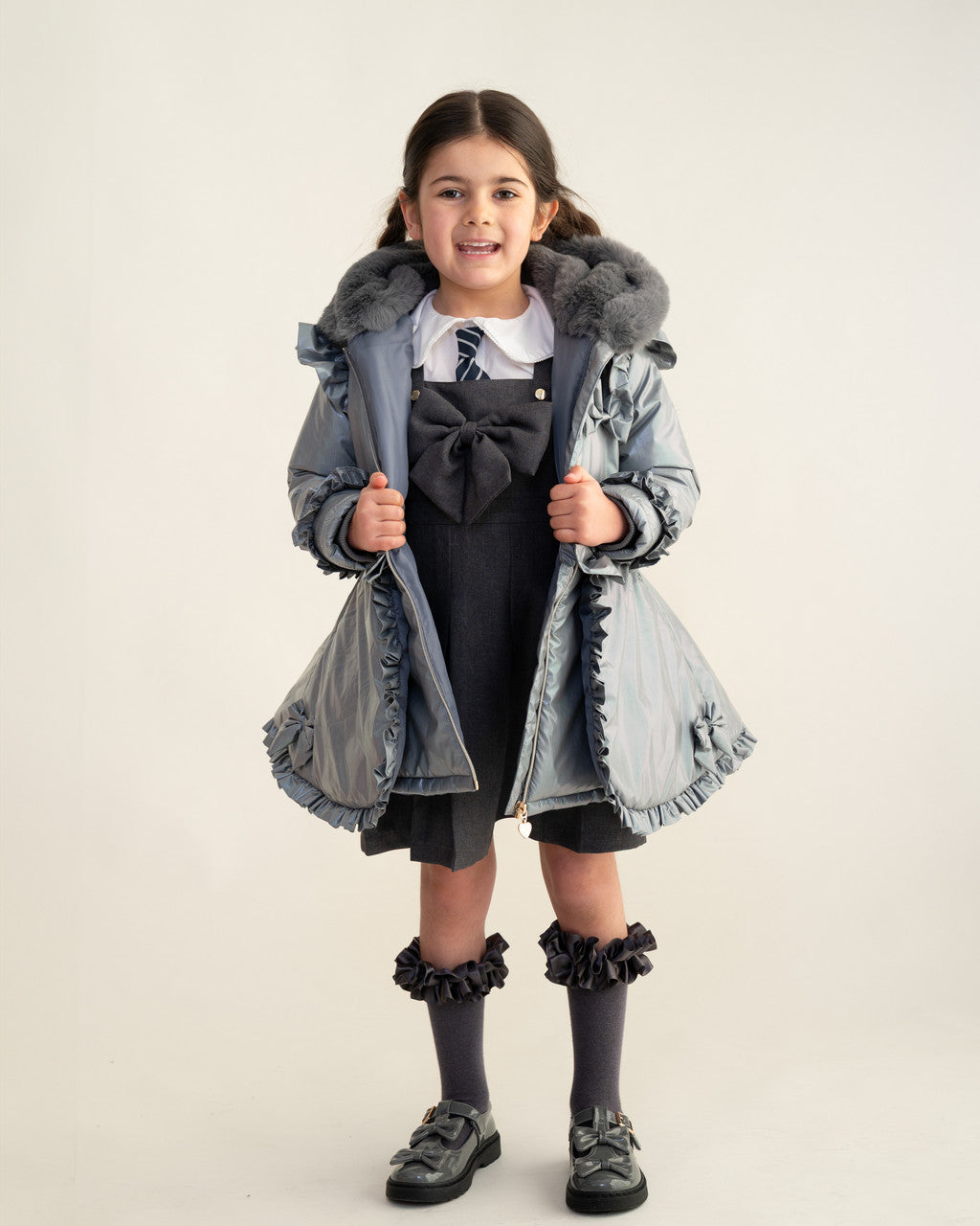 Caramelo Kids Grey Fur Trim Hood Peplum Coat *Preorder
