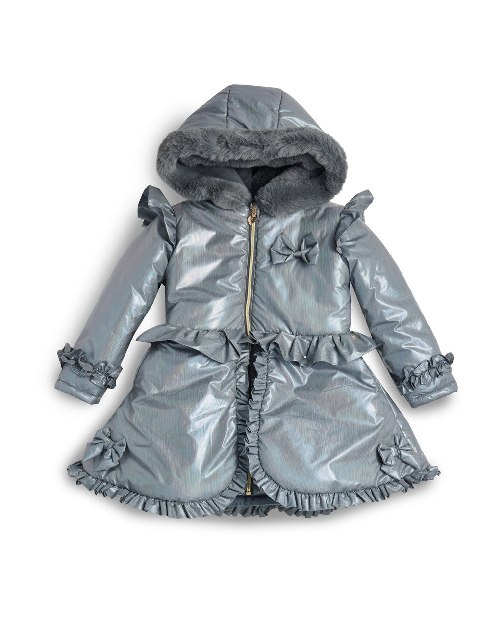 Caramelo Kids Grey Fur Trim Hood Peplum Coat *Preorder