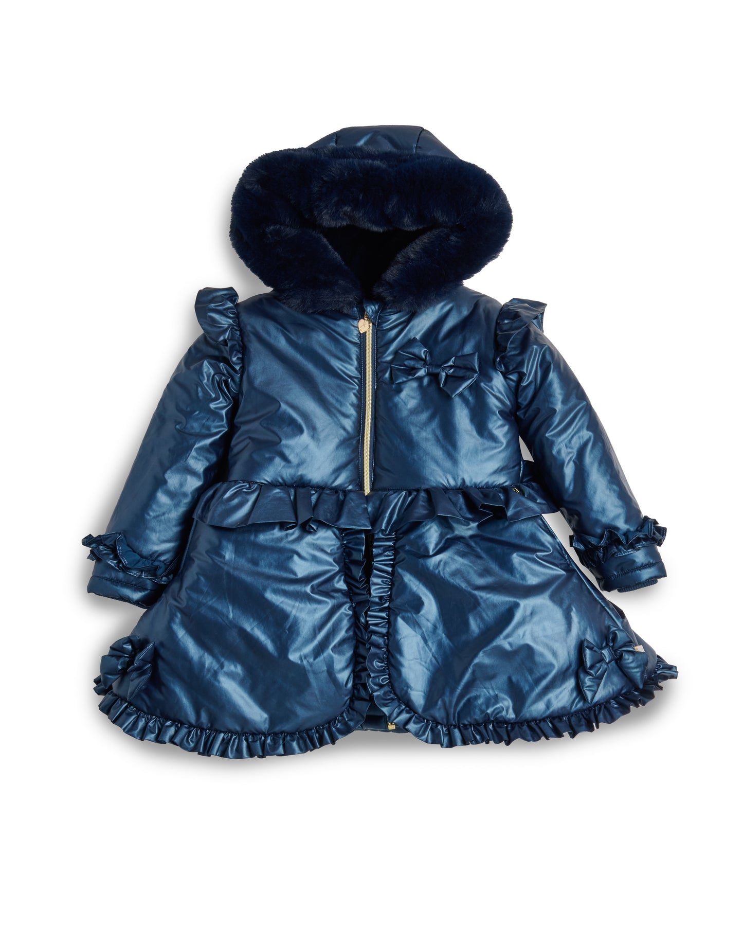 Caramelo Kids Navy Fur Trim Hood Peplum Coat