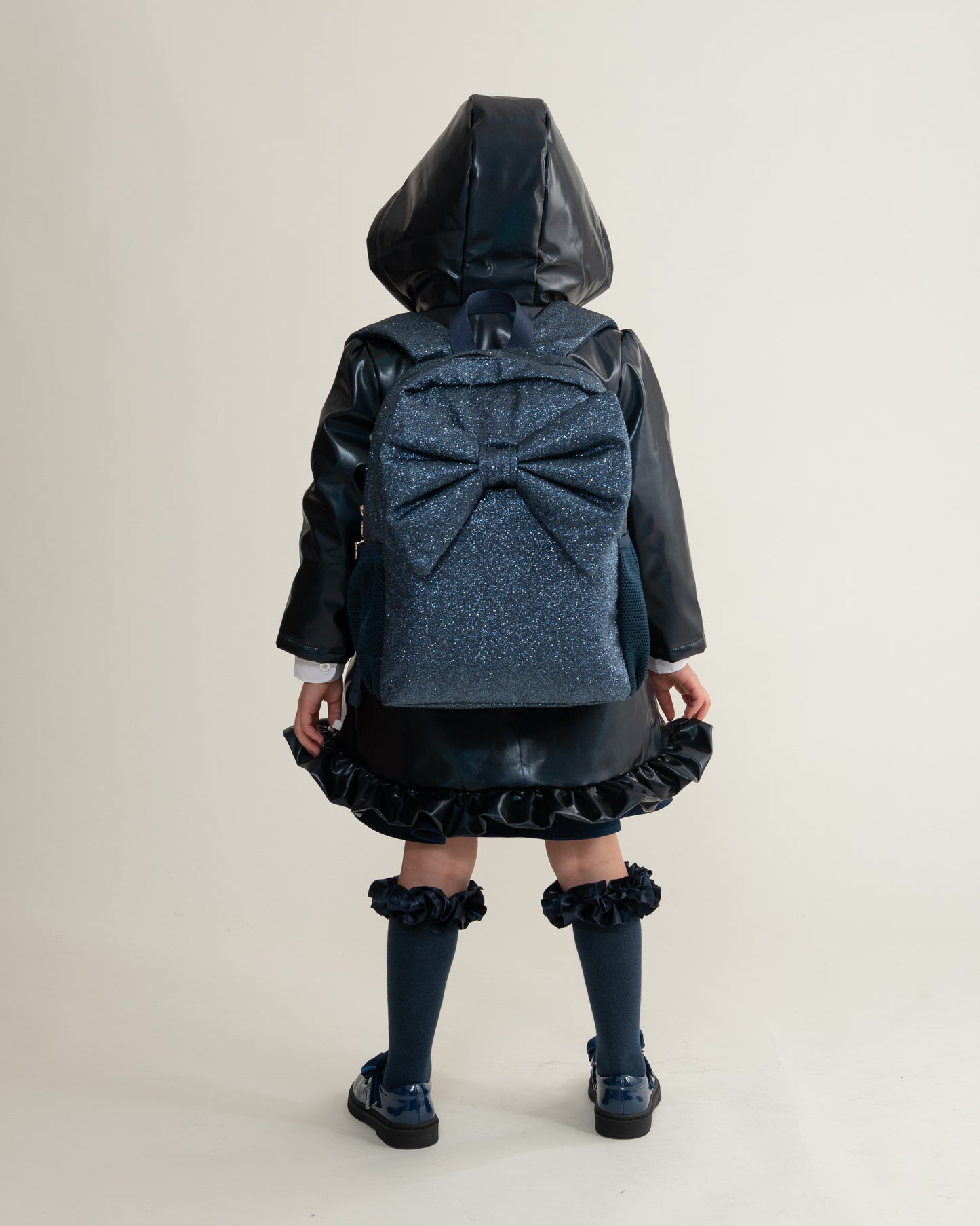 Caramelo Kids Navy Fur Trim Hood Peplum Coat