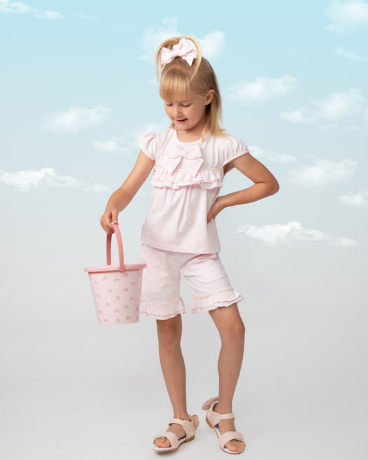 Caramelo Kids Girls Pink Tiered Frill Short Set with Headband 