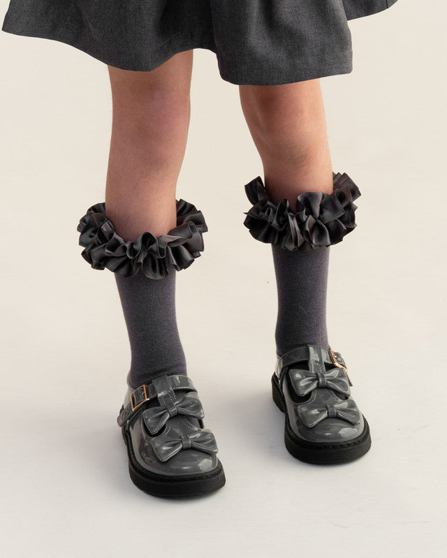 Caramelo Kids Grey Double Bow School Shoes *Preorder