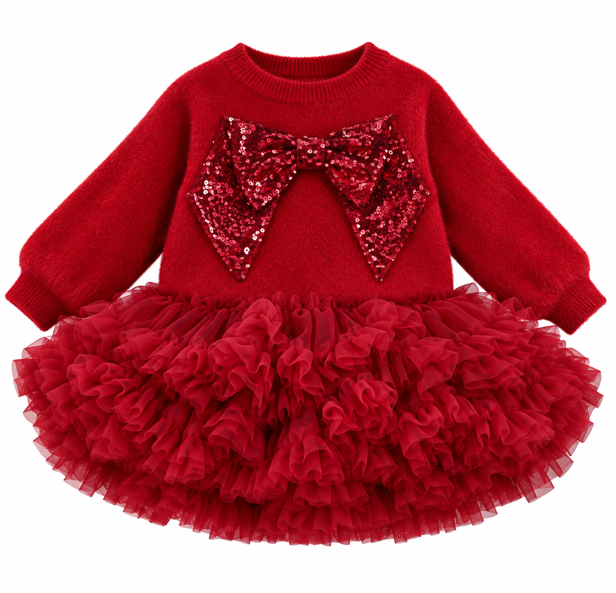 Girls red sequin bow tutu jumper set with ruffled tulle skirt, long sleeves