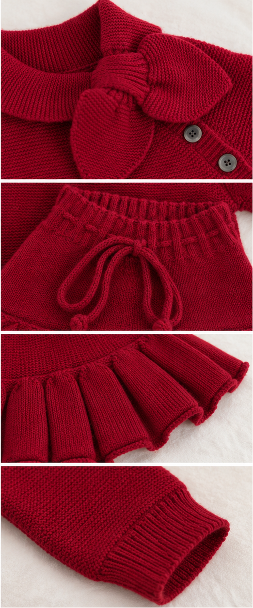 Girls Wine Red Knitted Bow Shorts Set – Two Piece Outfit Age 2–7 Years *Online Product