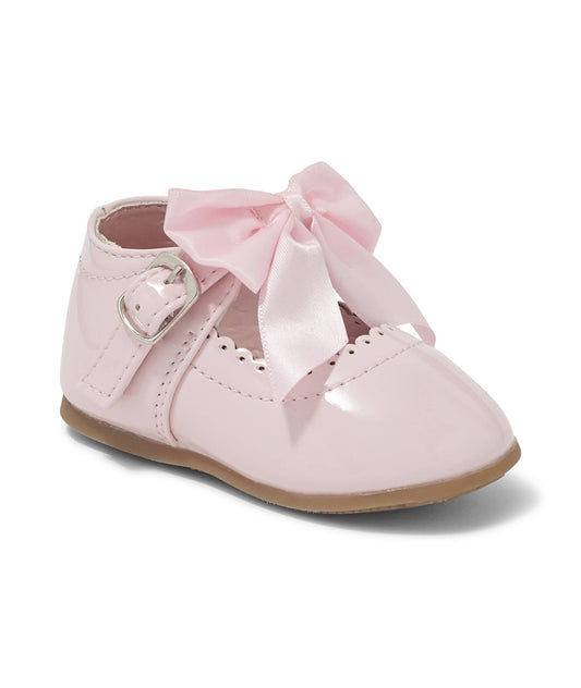 Girls Baby Pink Patent Leather Hard Sole Bow Shoe