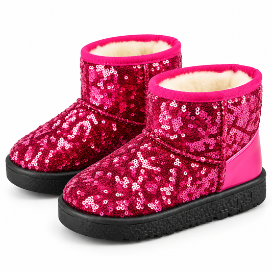 Girls pink sequin fur-lined ankle boots with fuzzy cream lining