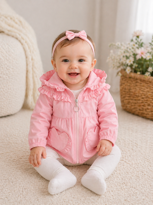 Pink hooded baby jacket with layered frill collar, zip front and two heart pockets